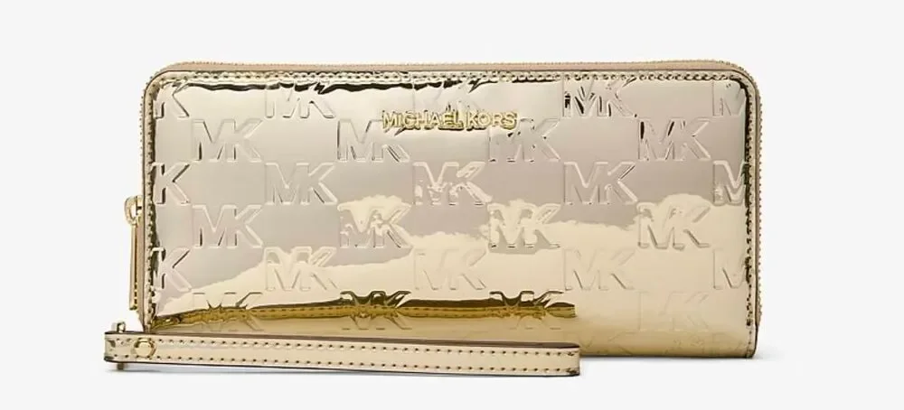 NWOT~MICHAEL KORS Jet Set Metallic Logo Debossed Continental Wallet in Pale Gold